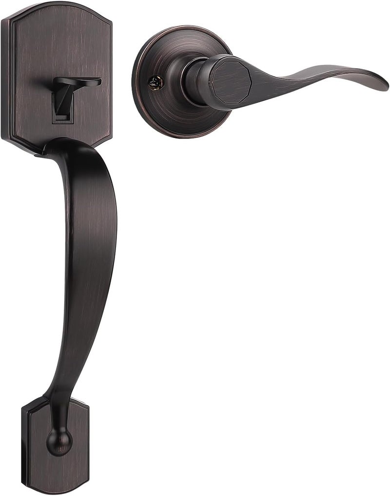 Tinewa Camelot Trim Lower Half Handleset, Oil Rubbed Bronze Finish, Upgated Entry Door Handle with Accent Wave Door Lever for Electronic Keypad with Drop Interior Left Handed Lever - Image 1