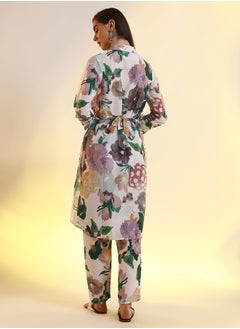  قصة Women's Ivory White & Faded Purple Botanical Cluster Shirt Kurti With Trousers  - Image 4