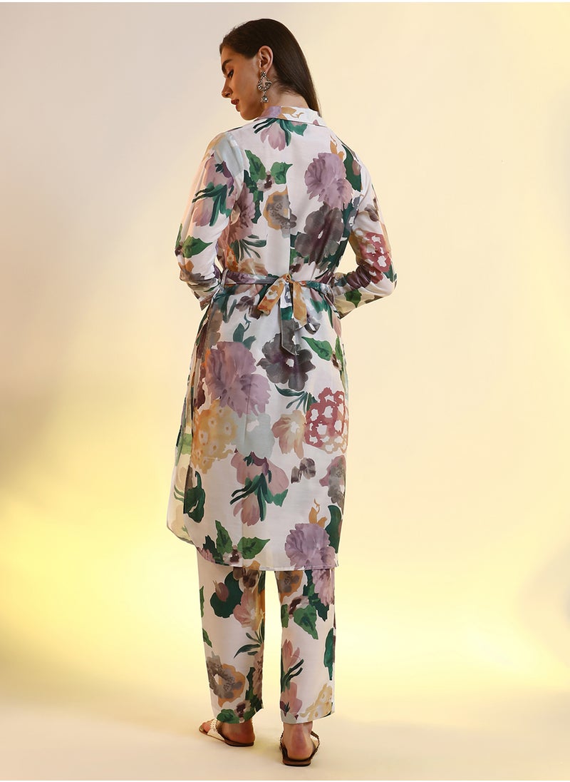  قصة Women's Ivory White & Faded Purple Botanical Cluster Shirt Kurti With Trousers  - Image 4