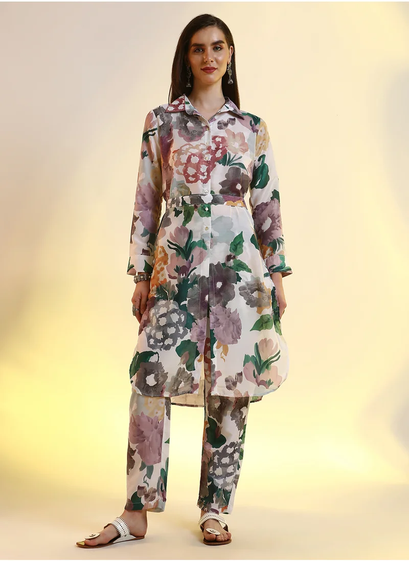 QISSA Women's Ivory White & Faded Purple Botanical Cluster Shirt Kurti With Trousers