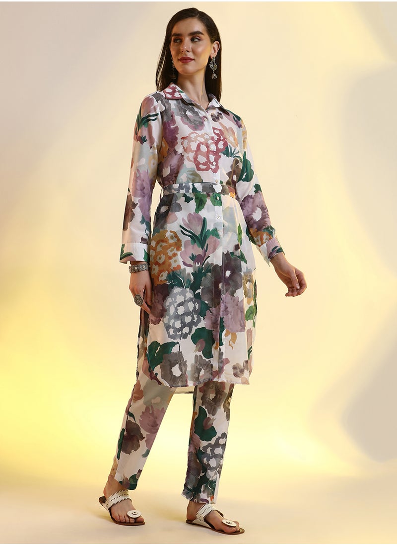  قصة Women's Ivory White & Faded Purple Botanical Cluster Shirt Kurti With Trousers  - Image 3