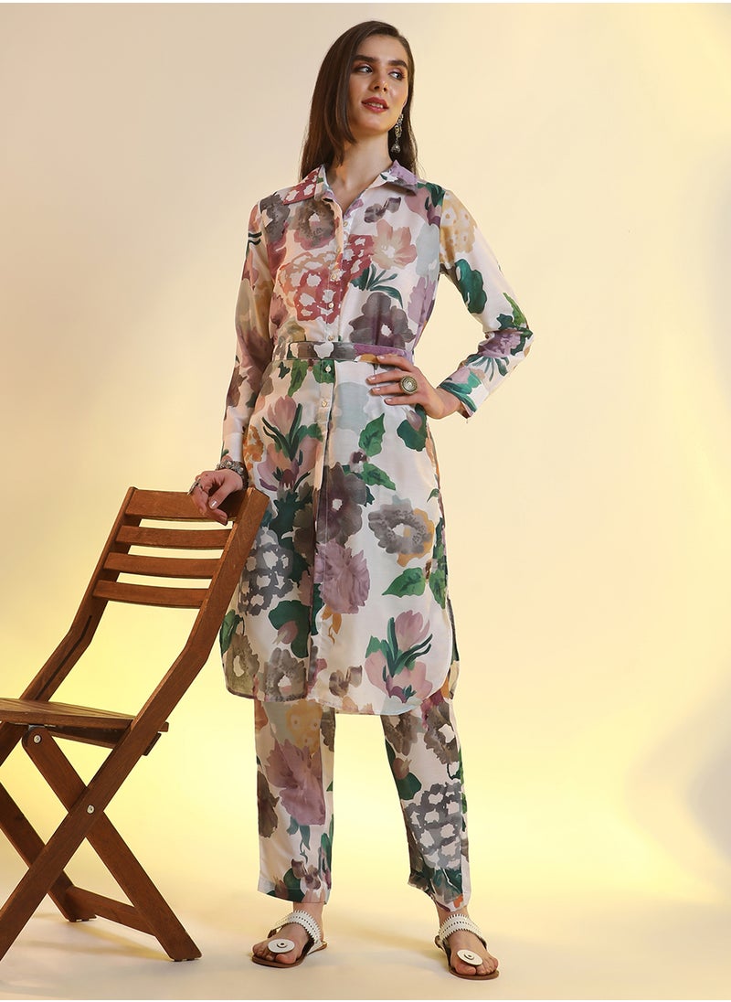  قصة Women's Ivory White & Faded Purple Botanical Cluster Shirt Kurti With Trousers  - Image 5