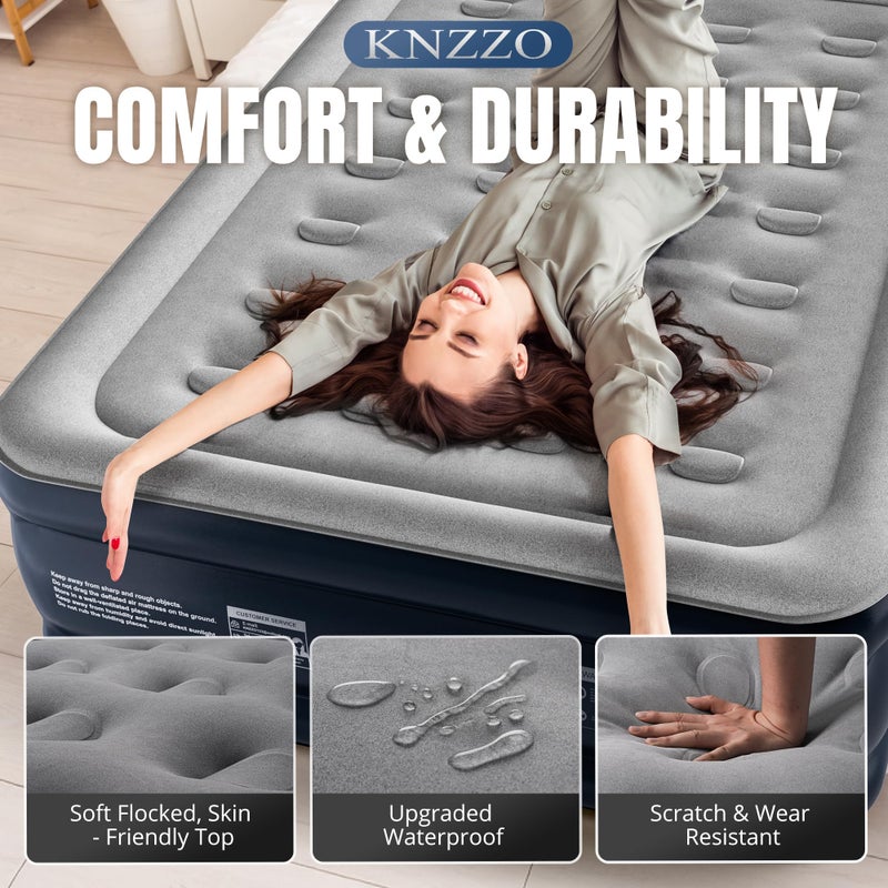 KNZZO Full Air Mattress with Built-in Pump, 18" Top Inflatable Mattress with Waterproof Flocking Fabric, Three-Minute Quick-Inflatable Bed. Portable Blow Up Mattress for Home, Outdoor and Guests - Image 4