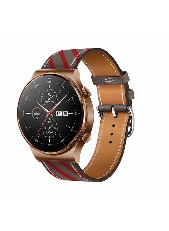 Perfii 22mm-Genuine Leather Replacement Band For Huawei Watch GT2 Pro Grey/Red - Image 2