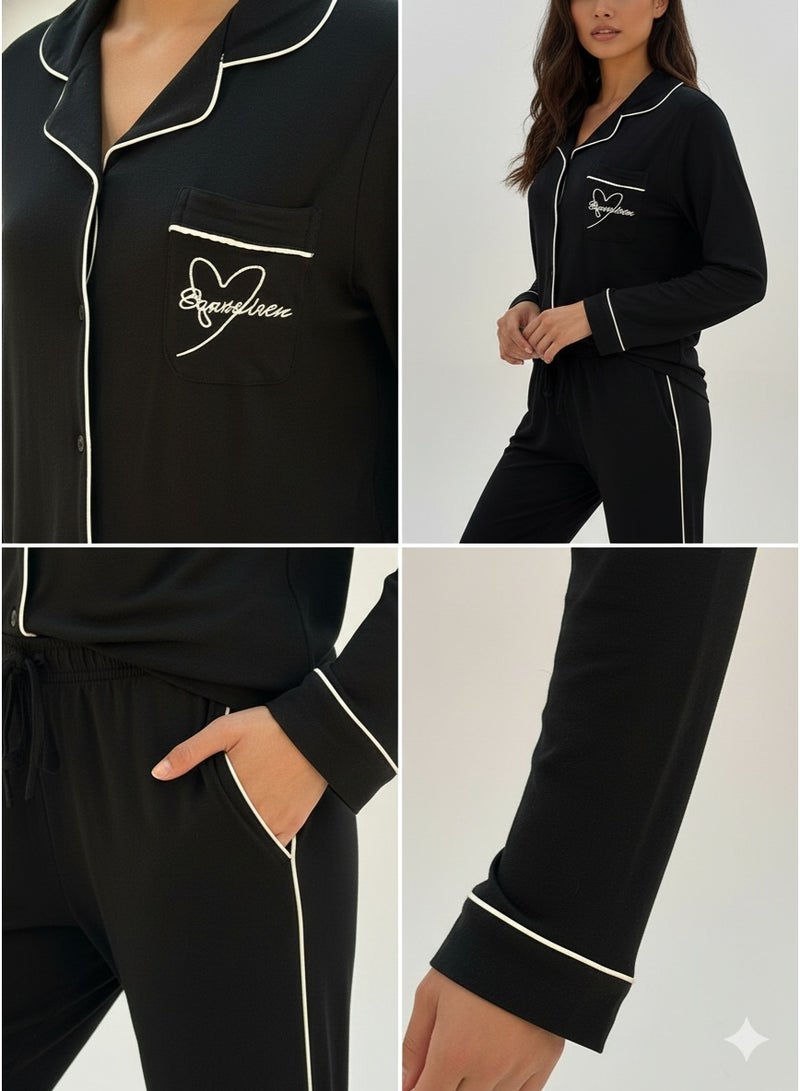 JOANNA - Soft Black Long Sleeve Pajama Set for Women | Chic Loungewear with Contrast Piping - Image 2