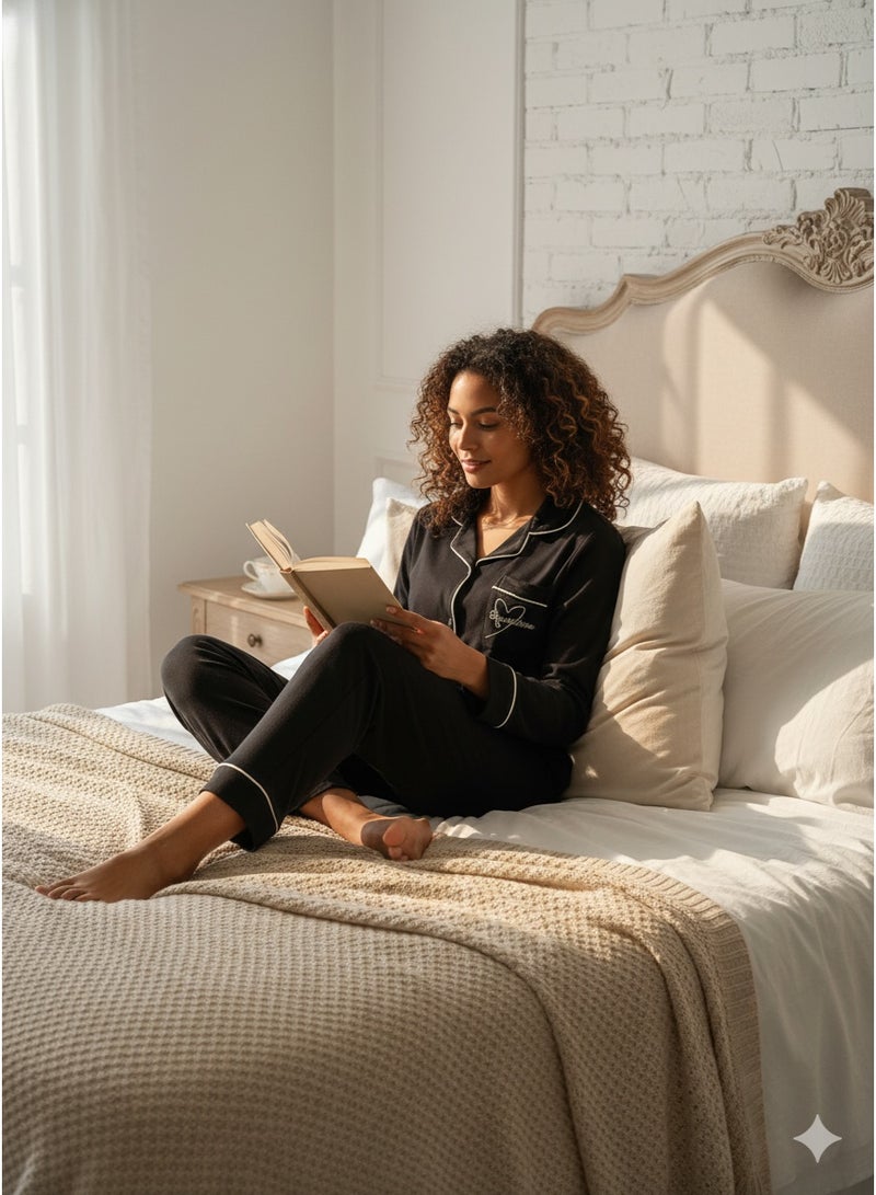 JOANNA - Soft Black Long Sleeve Pajama Set for Women | Chic Loungewear with Contrast Piping - Image 5