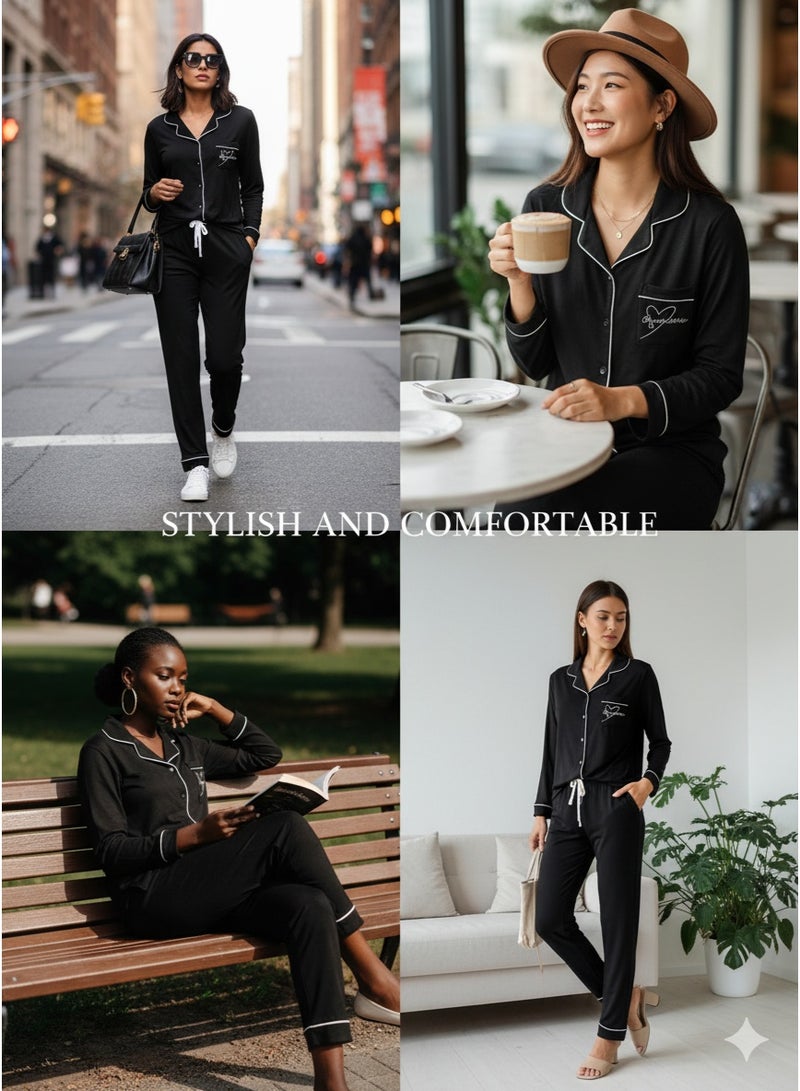 JOANNA - Soft Black Long Sleeve Pajama Set for Women | Chic Loungewear with Contrast Piping - Image 3