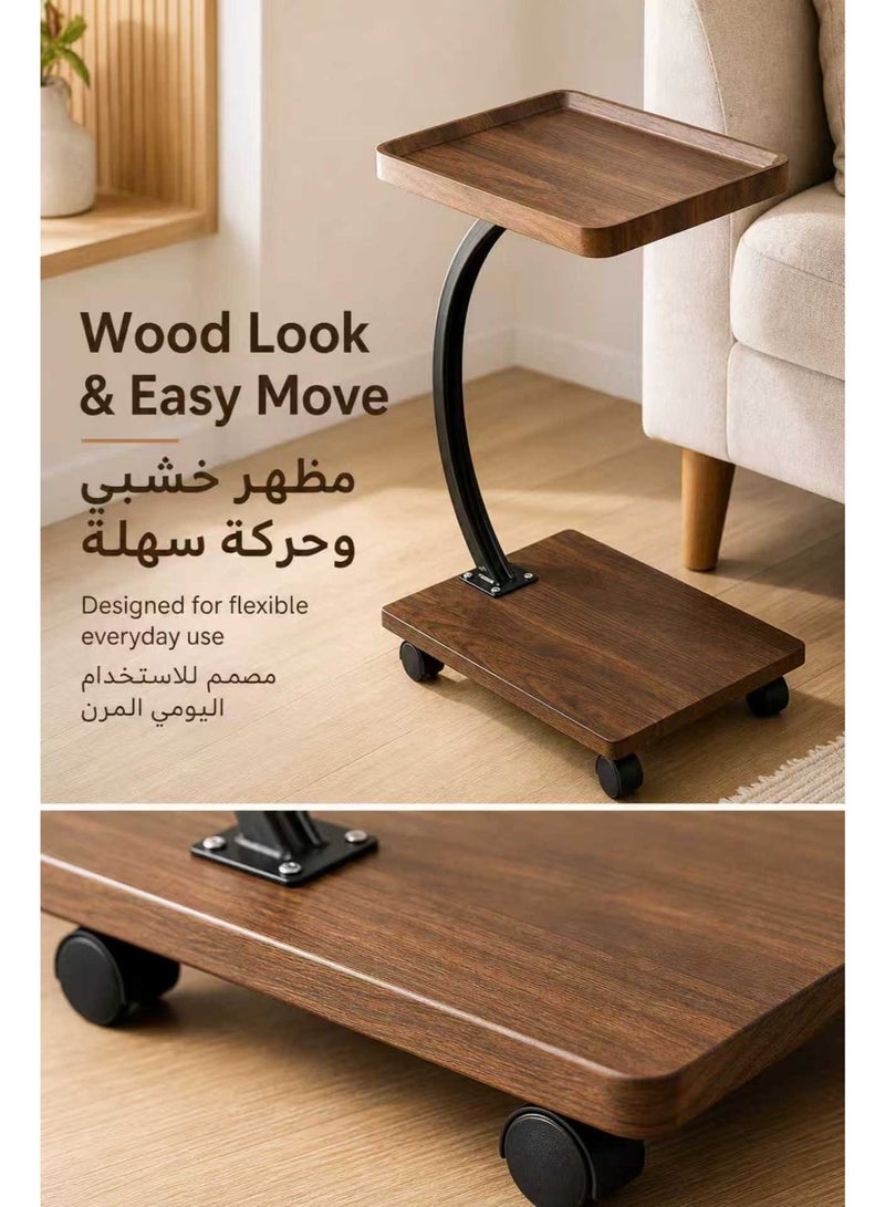 Malaksky C Table End Table, 360°Swivel TV Tray Table for Small Spaces, Side Tables with Wheels for Living Room and Bedroom, Bed (Walnut) | Adjustable Height, 360°Swivel, for Small Spaces, Couch Tables, That Slide Under, with Wheels - Image 2