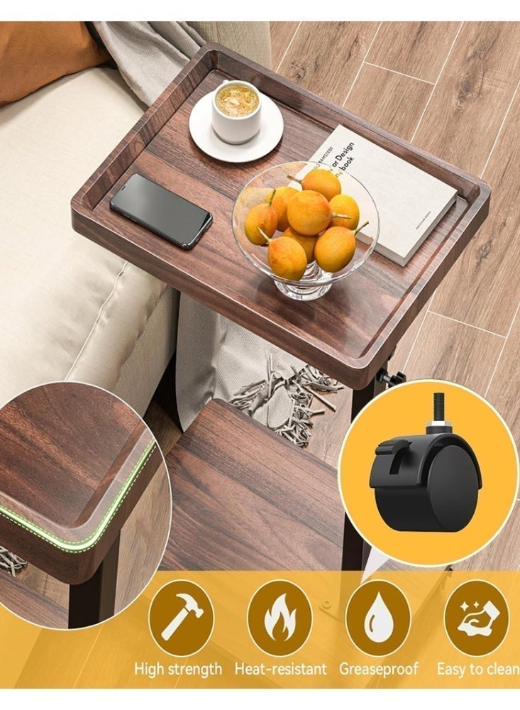 Malaksky C Table End Table, 360°Swivel TV Tray Table for Small Spaces, Side Tables with Wheels for Living Room and Bedroom, Bed (Walnut) | Adjustable Height, 360°Swivel, for Small Spaces, Couch Tables, That Slide Under, with Wheels - Image 4