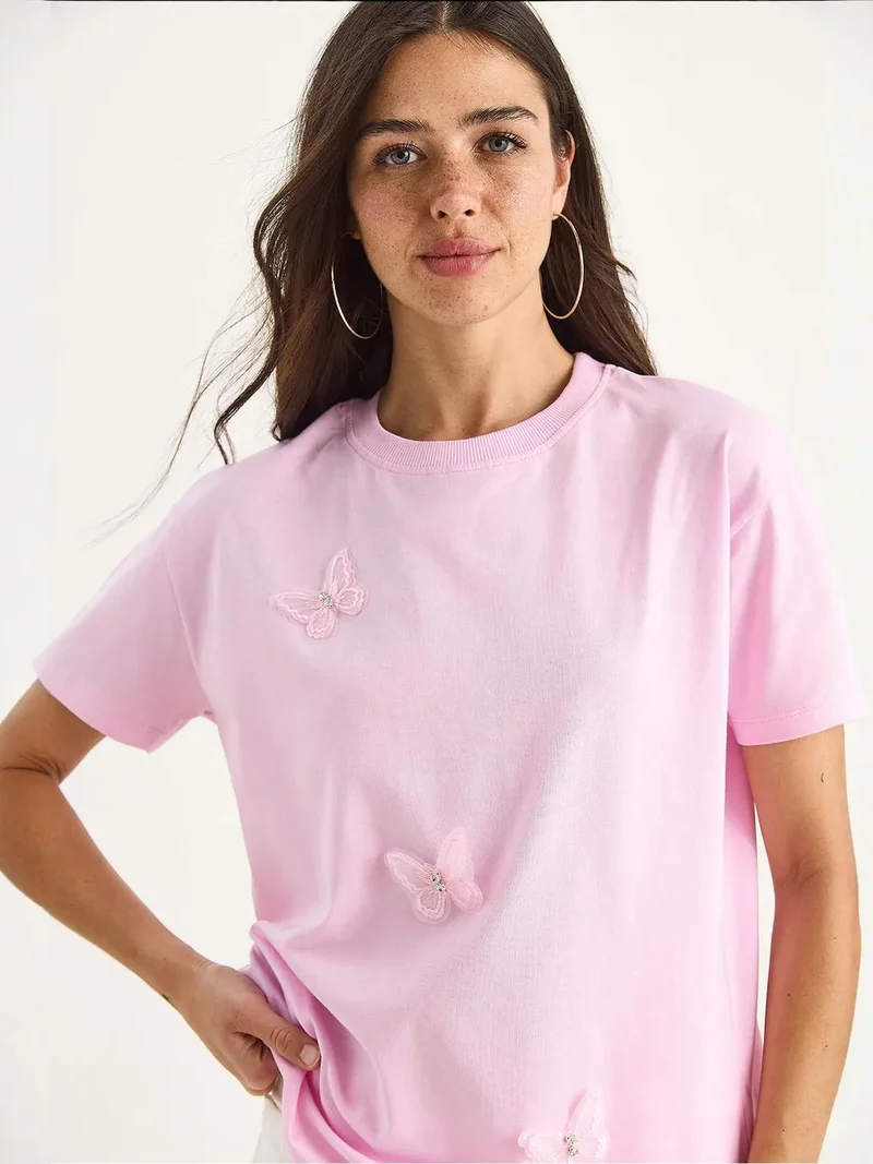 Bianco Lucci LUCCI Embroidered Crew Neck Short Sleeve T-Shirt