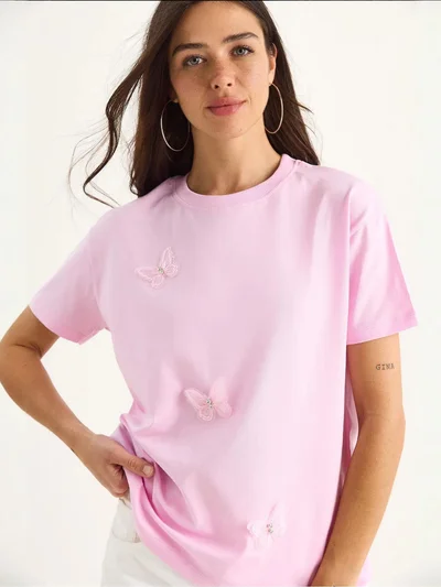 Bianco Lucci LUCCI Embroidered Crew Neck Short Sleeve T-Shirt