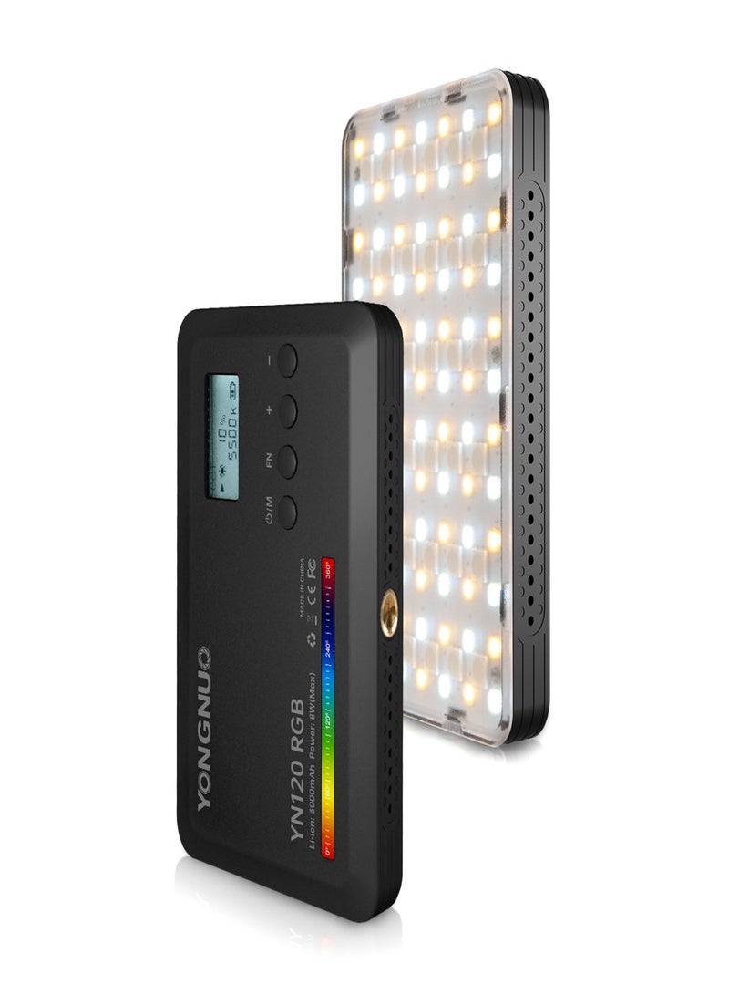 YONGNUO YN120 8W RGB Photography Lamp Bi-color LED Light Pocket Vlog Light 2500K-9900K Color Temperature Dimmable with 0.96in LCD Screen 120 LED Beads 31 FX Lighting Effects 1/4in Standar Threaded - Image 1
