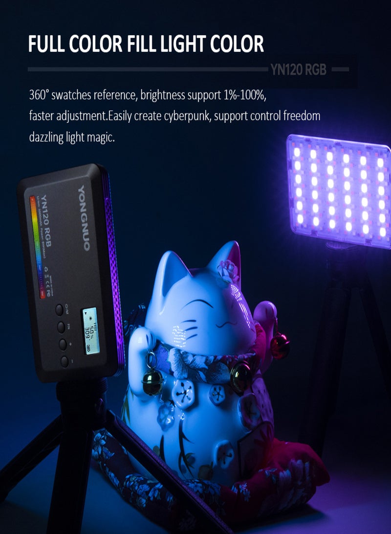 YONGNUO YN120 8W RGB Photography Lamp Bi-color LED Light Pocket Vlog Light 2500K-9900K Color Temperature Dimmable with 0.96in LCD Screen 120 LED Beads 31 FX Lighting Effects 1/4in Standar Threaded - Image 5