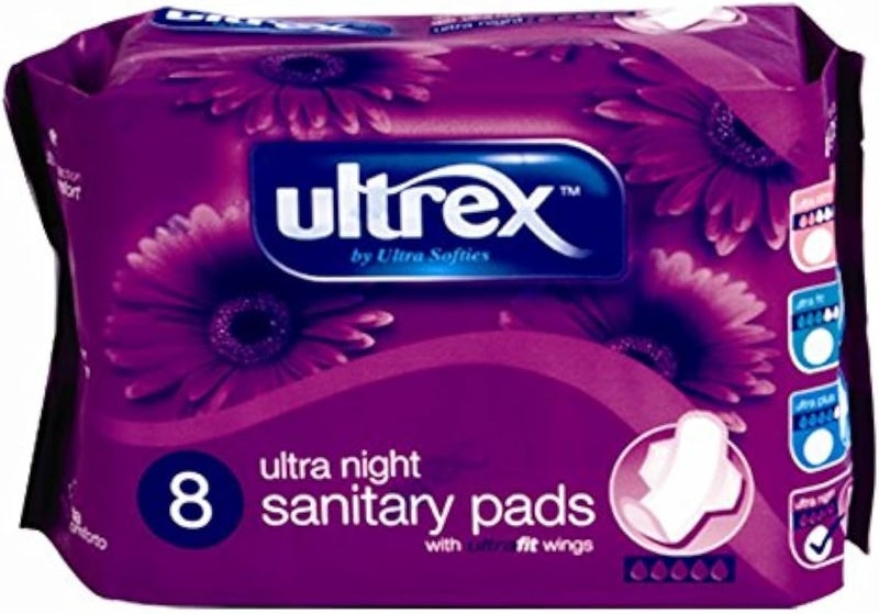 Ultra Night Sanitary Pads with wings, pack of 8