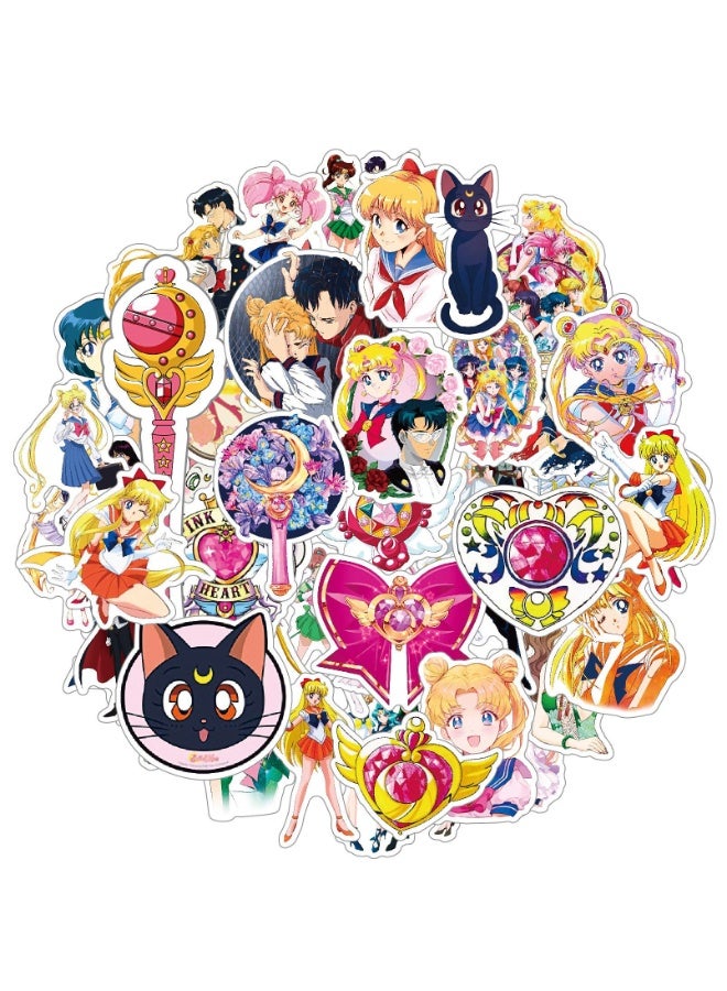 NIBEMINENT 50 Pcs Sailor Moon Deco Kit Waterproof Stickers, High Definition Printing Bright Colors, Suitable for Laptop Skateboard Luggage Water Bottle Guitar DIY - Image 1