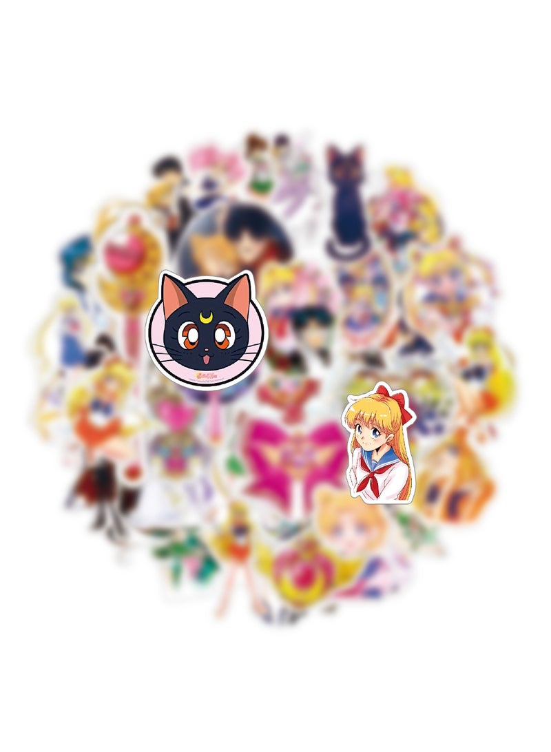 NIBEMINENT 50 Pcs Sailor Moon Deco Kit Waterproof Stickers, High Definition Printing Bright Colors, Suitable for Laptop Skateboard Luggage Water Bottle Guitar DIY - Image 2