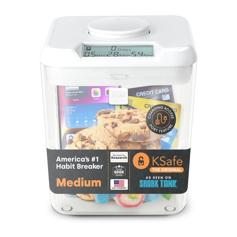 Kitchen Safe ï»¿Kitchen Safe Time Locking Container (Medium), Timed Lock Box for Cell Phones, Snacks, and other unwanted temptations (White Lid + 5.5â€ Clear Base) - Image 1