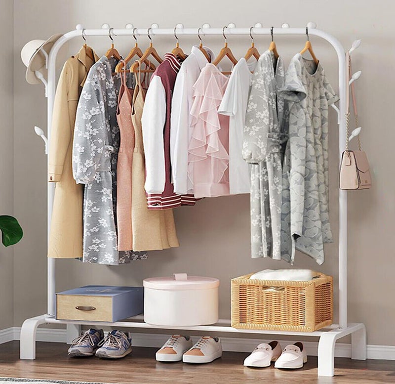 AYSIS Metal Single Garment Stand with Bottom Shelves Clothes Storage Organizer 4 Hooks Coat Rack (White) - Image 1