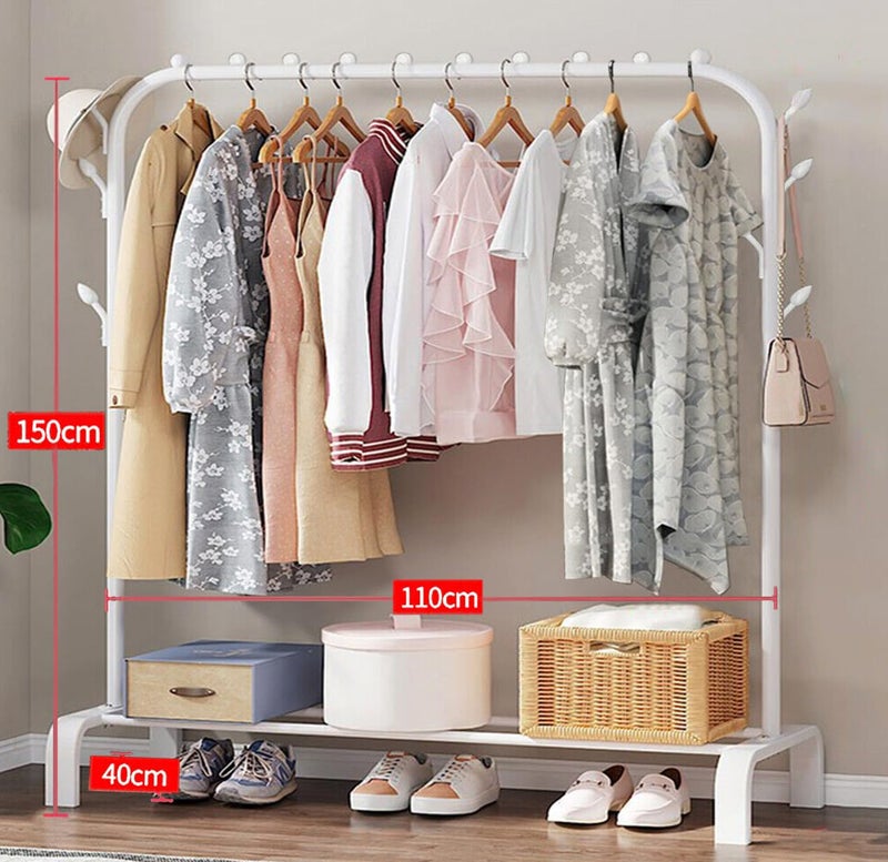 AYSIS Metal Single Garment Stand with Bottom Shelves Clothes Storage Organizer 4 Hooks Coat Rack (White) - Image 2