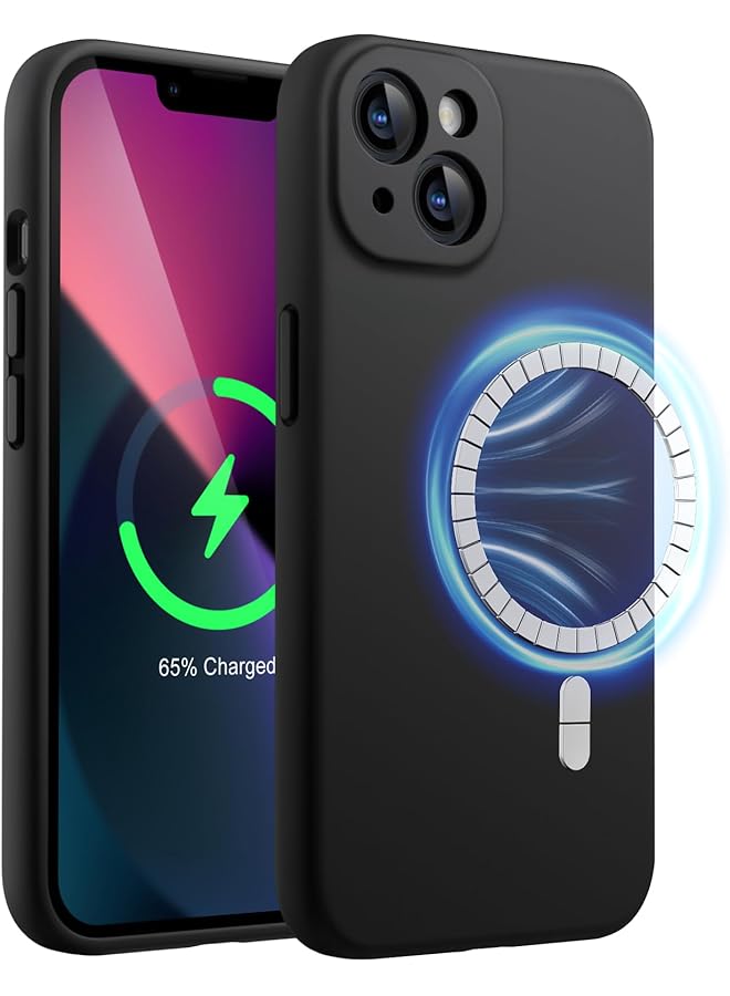 جي تيك جراب سيليكون مغناطيسي لهاتف آيفون 13 مقاس 6.1 بوصة متوافق مع غطاء هاتف Magsafe الناعم الحريري مع عدسة الكاميرا حماية كاملة باللون الأسود - Image 1