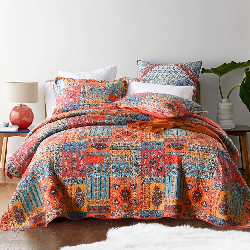 أغطية سرير مبطنة من كوفير 3 قطع قطن ناعم ميكروفايبر بتصميم باتش وورك حجم كينغ 230x250 سم بنمط زهور بألوان مختلطة برتقالي وأزرق، أغطية سرير ووسائد لتزيين غرفة النوم