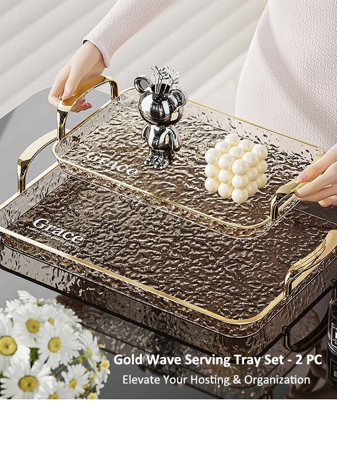 2 قطعة صينية تقديم ذهبية على شكل موجات - صينية تقديم بمقبض ذهبي (44 × 29 سم) وصينية تقديم زينة للحمام/المطبخ مقاومة للكسر، صينية تقديم زينة لطاولة القهوة، الشاي، صينية تخزين مستطيلة الشكل - Image 2
