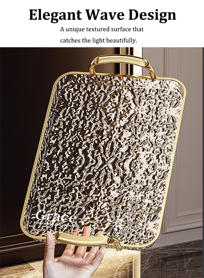 2 PCS Gold Wave Trays - Gold Handled Serving Tray (44x29cm) & Vanity Tray (35x20cm) Shatterproof, Decorative Bathroom/Kitchen Organization, Decorative Serving Tray for Coffee Table, Tea, Storage Rectangular - Image 2
