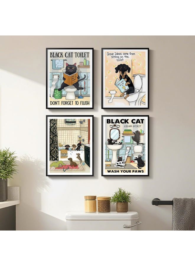 Cuspin Framed Funny Animal Bathroom Wall Art, 4 Piece Fun Animal Canvas Painting Prints, Cute Black Cat Dog Sitting in Bathtub on Toilet Reading Book Pictures for Kids Bathroom Restroom Wall Decor, 11x14 - Image 1