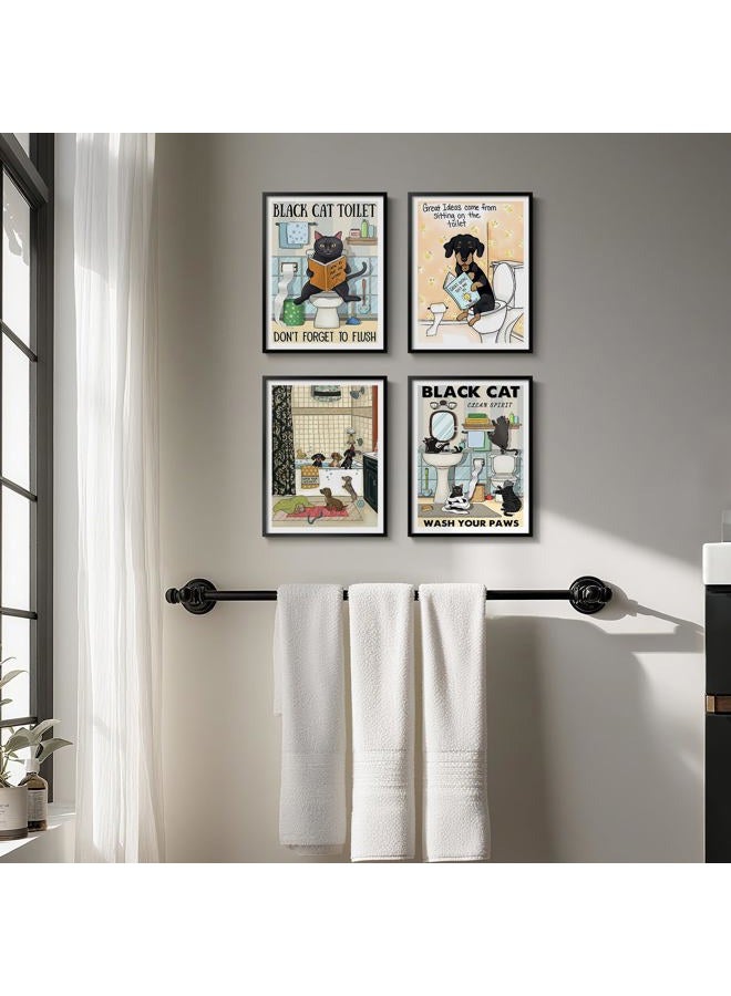 Cuspin Framed Funny Animal Bathroom Wall Art, 4 Piece Fun Animal Canvas Painting Prints, Cute Black Cat Dog Sitting in Bathtub on Toilet Reading Book Pictures for Kids Bathroom Restroom Wall Decor, 11x14 - Image 4