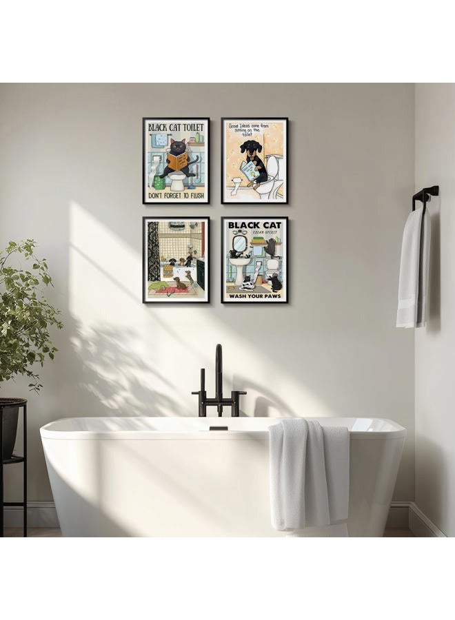 Cuspin Framed Funny Animal Bathroom Wall Art, 4 Piece Fun Animal Canvas Painting Prints, Cute Black Cat Dog Sitting in Bathtub on Toilet Reading Book Pictures for Kids Bathroom Restroom Wall Decor, 11x14 - Image 3