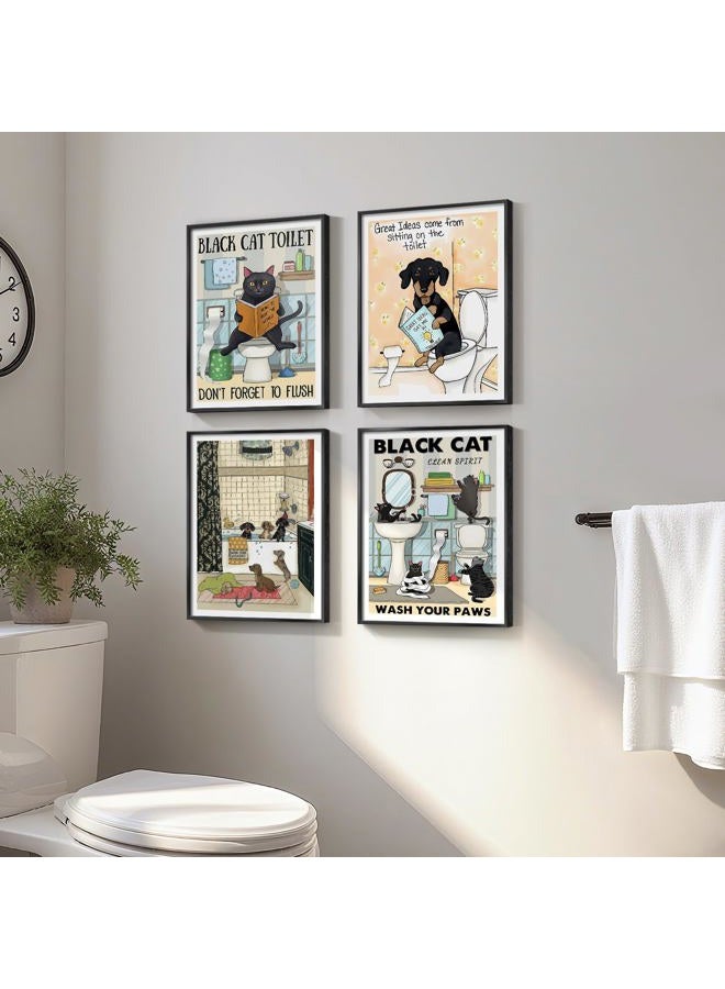 Cuspin Framed Funny Animal Bathroom Wall Art, 4 Piece Fun Animal Canvas Painting Prints, Cute Black Cat Dog Sitting in Bathtub on Toilet Reading Book Pictures for Kids Bathroom Restroom Wall Decor, 11x14 - Image 2