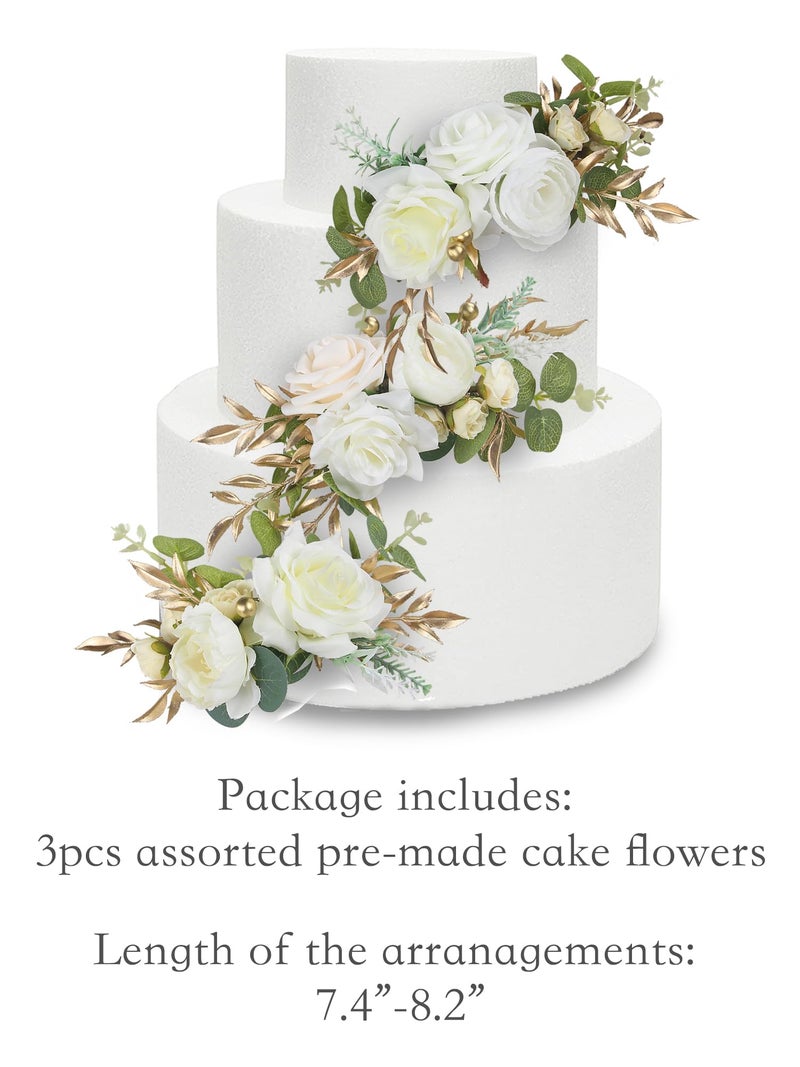 Rinlong 3Pcs Pre-made Cake Toppers Flowers Cake Decorations Wedding Cake Decorating Flowers Decor Christening Birthday Baptism Baby Shower Party Cake Topper Flower Arrangements White Gold - Image 4