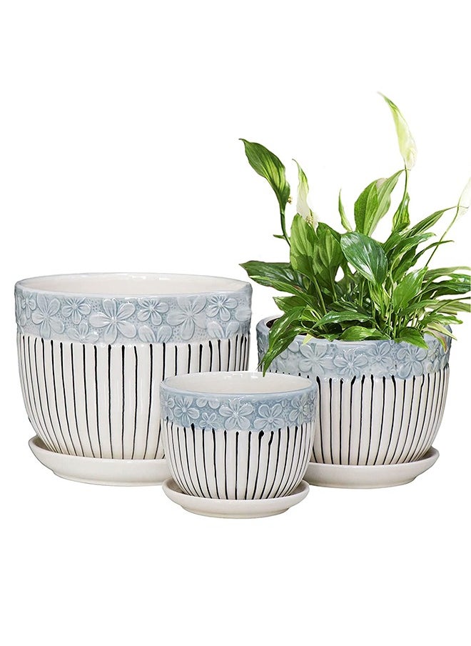 Garlo Plant Pots, 11cm & 14cm & 17cm Flower Pot with Drainage Holes and Saucers, Set of 3 Ceramic Plant Pot with Tray, Outdoor Small to Medium Sized Round Modern Ceramic Garden Flower Pots  - Image 1