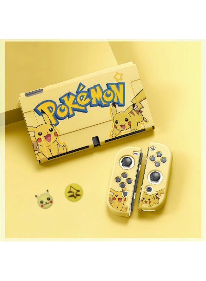 Pikachu Protective Case for Nintendo Switch OLED, Dockable Hard PC Shell Cover, Anti-Scratch Shockproof Joy-Con Protector with 2 Pcs Pokemon Thumb Grips, Cute Cartoon Skin Accessories for Switch OLED Model
