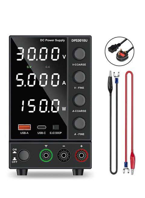 Variable DC Power Supply Adjustable Switching Regulated Power Supply (0-30V 0-10A) with 4-digit LED display 5V/2A USB Fast Charging Interface Short Circuit Alarm Black
