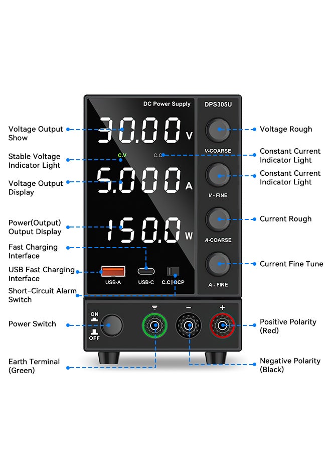MiOne - Variable DC Power Supply Adjustable Switching Regulated Power Supply (0-30V 0-10A) with 4-digit LED display 5V/2A USB Fast Charging Interface Short Circuit Alarm Black - Image 1