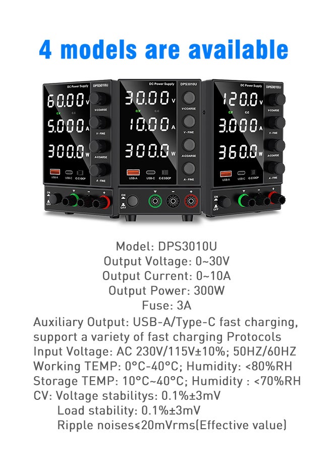 MiOne - Variable DC Power Supply Adjustable Switching Regulated Power Supply (0-30V 0-10A) with 4-digit LED display 5V/2A USB Fast Charging Interface Short Circuit Alarm Black - Image 1