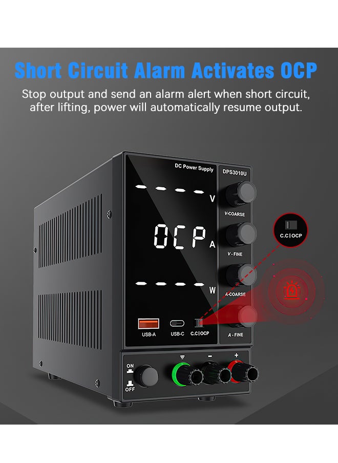 MiOne - Variable DC Power Supply Adjustable Switching Regulated Power Supply (0-30V 0-10A) with 4-digit LED display 5V/2A USB Fast Charging Interface Short Circuit Alarm Black - Image 1