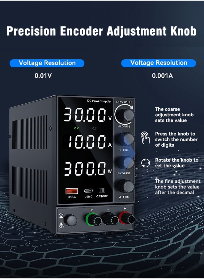 MiOne - Variable DC Power Supply Adjustable Switching Regulated Power Supply (0-30V 0-10A) with 4-digit LED display 5V/2A USB Fast Charging Interface Short Circuit Alarm Black - Image 1