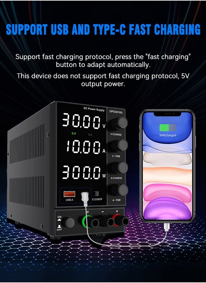 MiOne - Variable DC Power Supply Adjustable Switching Regulated Power Supply (0-30V 0-10A) with 4-digit LED display 5V/2A USB Fast Charging Interface Short Circuit Alarm Black - Image 1