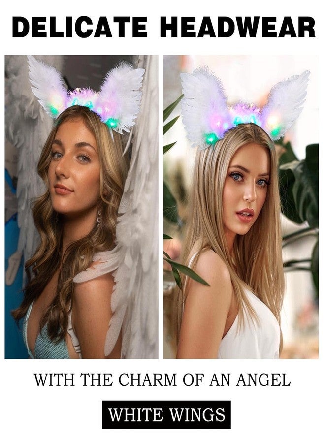 Aiosy Light Up Angel Wings Headbands LED White Feather Hairbands Luminous Wing Headpieces Festival Women Hair Accessories for Rave Costume Party (White) - Image 5