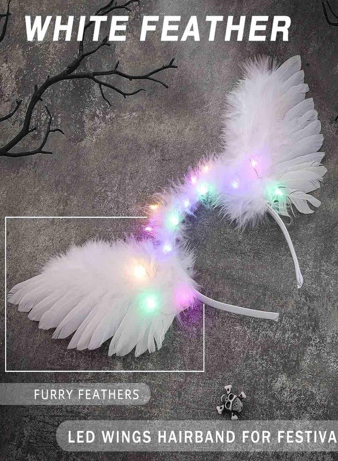 Aiosy Light Up Angel Wings Headbands LED White Feather Hairbands Luminous Wing Headpieces Festival Women Hair Accessories for Rave Costume Party (White) - Image 2