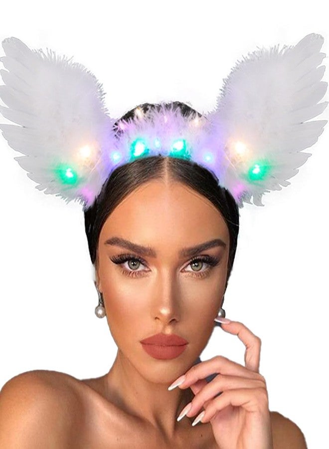 Aiosy Light Up Angel Wings Headbands LED White Feather Hairbands Luminous Wing Headpieces Festival Women Hair Accessories for Rave Costume Party (White) - Image 1