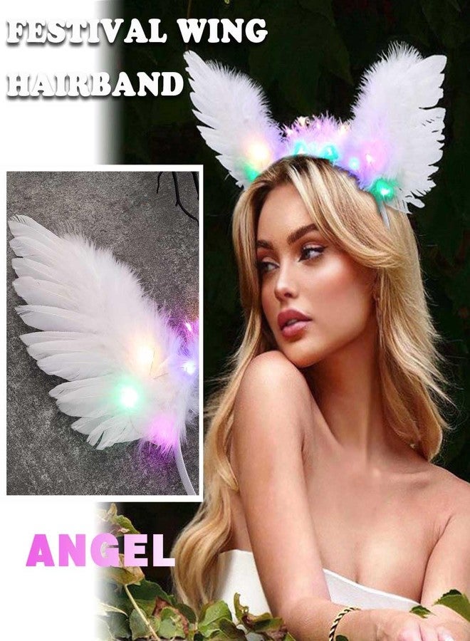 Aiosy Light Up Angel Wings Headbands LED White Feather Hairbands Luminous Wing Headpieces Festival Women Hair Accessories for Rave Costume Party (White) - Image 3