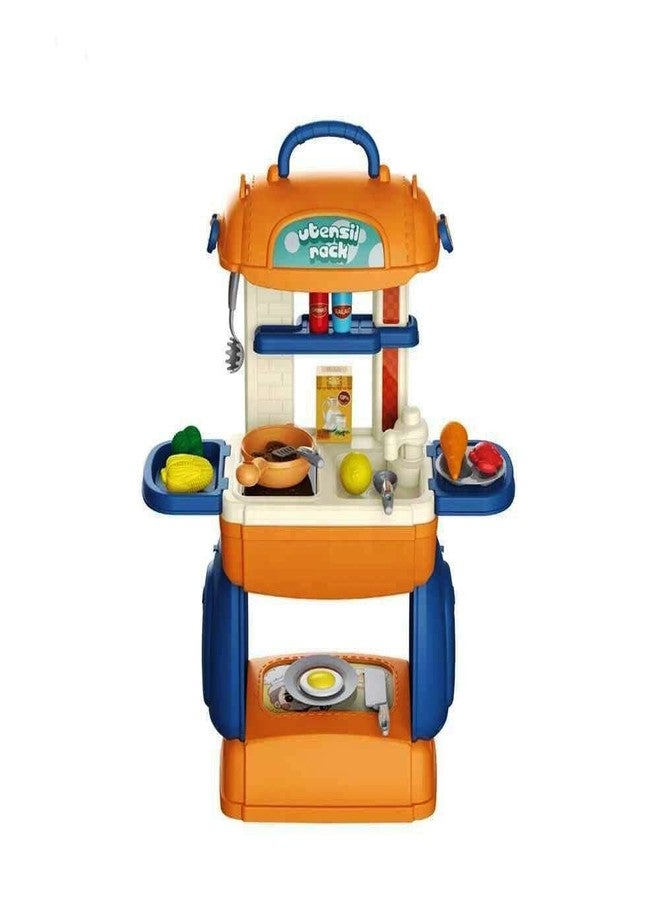BLUEBELL 3 in 1 Kitchen Set for Kids 3 in 1 Multi Function Pretend Mobile Kitchen Play Set with Portable Suitcase Design for Girls and Boys (Orange Kitchen Set) - Image 1