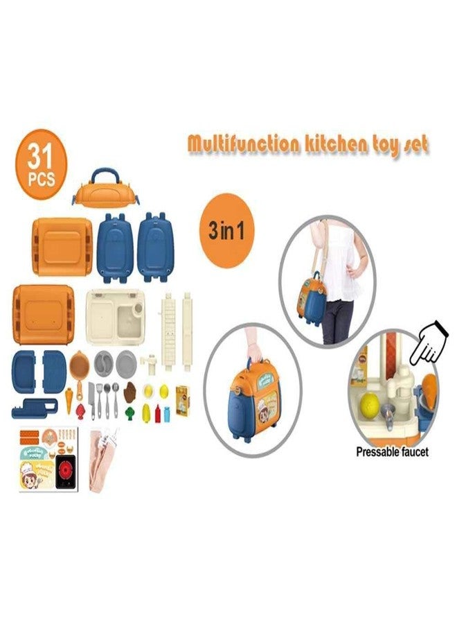 BLUEBELL 3 in 1 Kitchen Set for Kids 3 in 1 Multi Function Pretend Mobile Kitchen Play Set with Portable Suitcase Design for Girls and Boys (Orange Kitchen Set) - Image 2