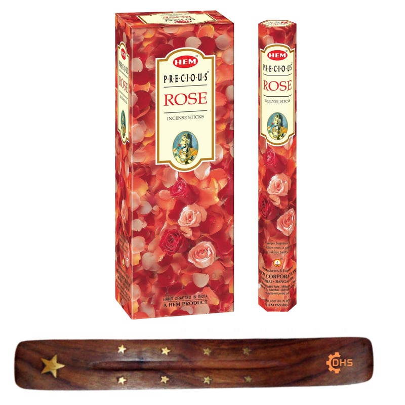 أعواد بخور هيم الورد الثمين علبة كاملة من 6 مع حامل أعواد البخور DHS لليوغا والتأمل والشفاء والروحانية والعلاج بالروائح وسبا والاسترخاء