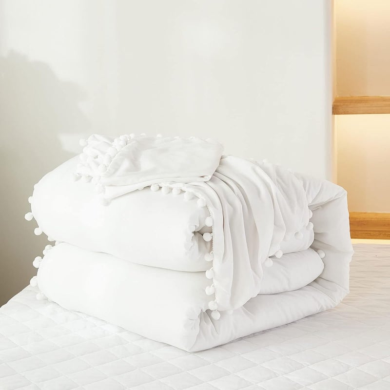 Bedbay White King Size Comforter Set Farmhouse Boho Bedding Ultra Soft Lightweight Comforter Cute Pom Pom Fringe Bedding Set Preppy Room Decor Aesthetic Bedding 3 Pcs(White&Beige,King) - Image 5