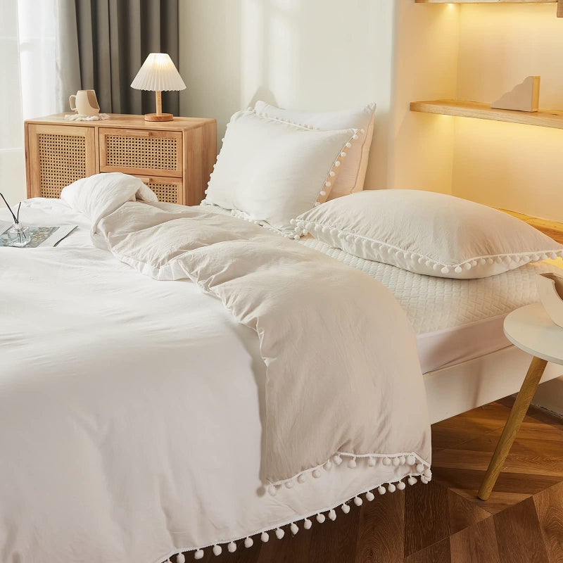 Bedbay White King Size Comforter Set Farmhouse Boho Bedding Ultra Soft Lightweight Comforter Cute Pom Pom Fringe Bedding Set Preppy Room Decor Aesthetic Bedding 3 Pcs(White&Beige,King) - Image 4