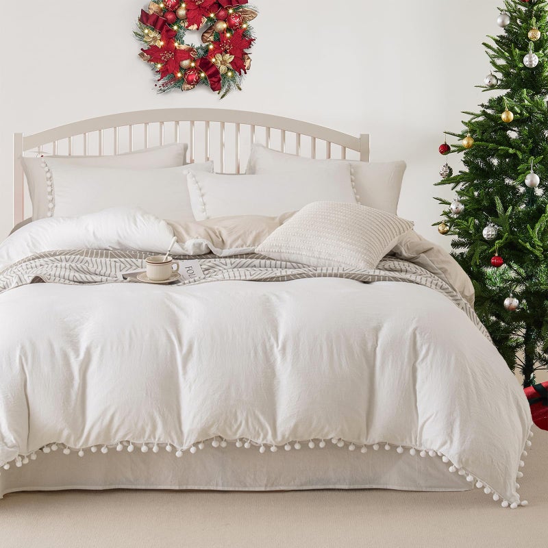 Bedbay White King Size Comforter Set Farmhouse Boho Bedding Ultra Soft Lightweight Comforter Cute Pom Pom Fringe Bedding Set Preppy Room Decor Aesthetic Bedding 3 Pcs(White&Beige,King) - Image 1